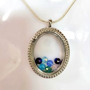 OVAL Floating charm locket necklace Silver plated stainless steel w crystal bead